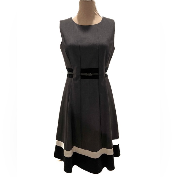 Calvin Klein Gray Sleeveless Belted Fit & Flare Striped Dress - Picture 2 of 12